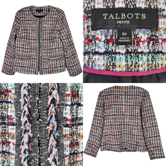Talbots Blazer Jacket Womens Size 8 Petite Button Tweed Multicolored Fringe - Picture 1 of 8